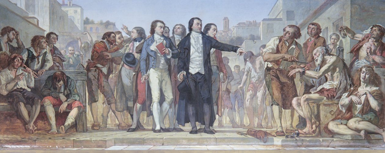 Philippe Pinel (1745-1826) liberando lunáticos de suas cadeias no asilo de Bicetre em Paris em 1793, c.1840-50 (ver 163911 para detalhes) de Charles Louis Lucien Muller