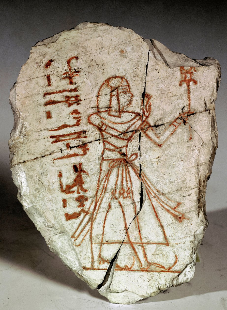 Antiquite egípcia: ostraca (ou ostracon) (plural: ostraca ou ostraka) (caco de cerâmica usado para notas, desenhos...) representando uma princesa do período Ramessid (19ª-20ª dinastia). 1100 AC. Turim, museu egípcio - Antigo Egito: ostracão (ou ostracon) de Egyptian 20th Dynasty