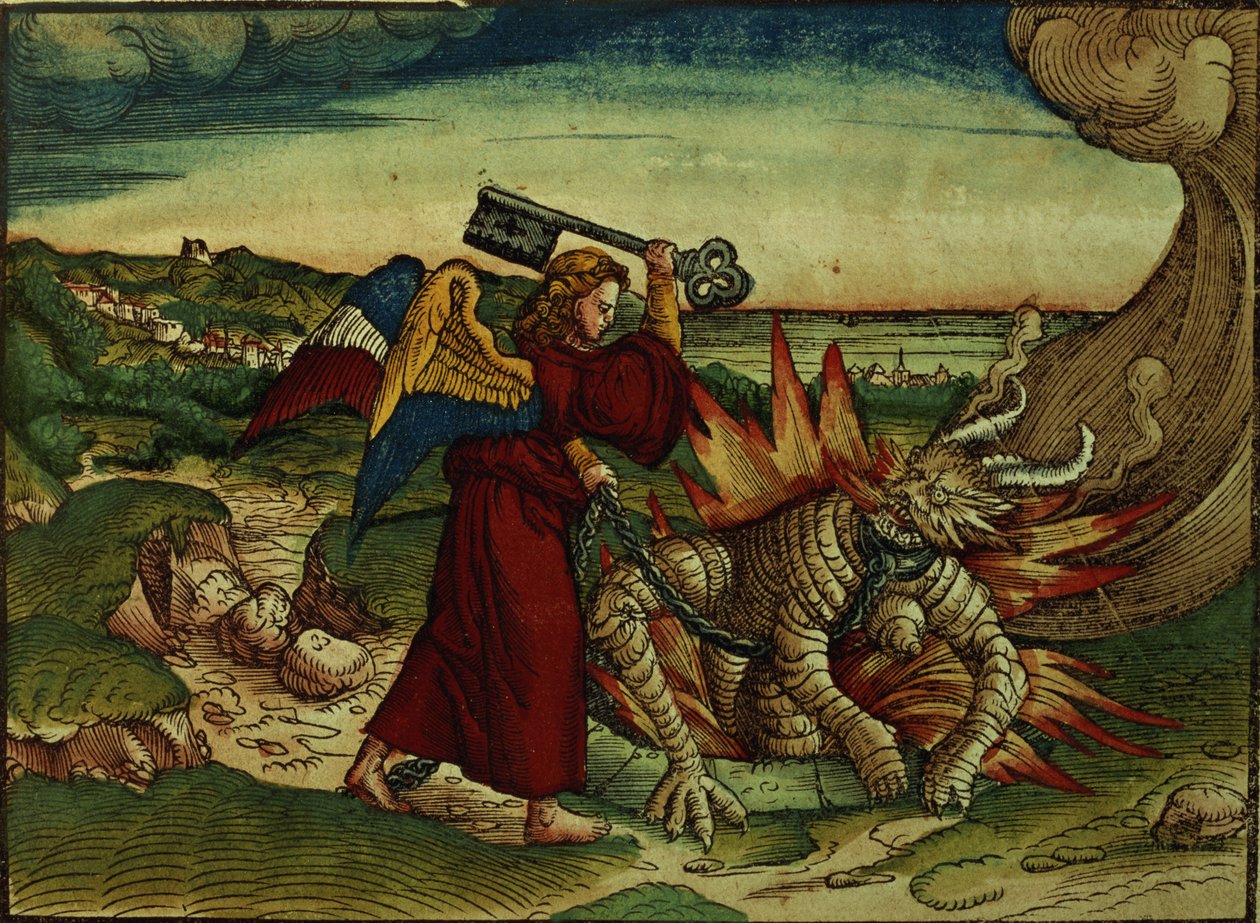 Apocalipse 20:18 Chave do poço do abismo, 1ª edição, da Bíblia de Lutero, c.1530 (xilogravura colorida) de German School