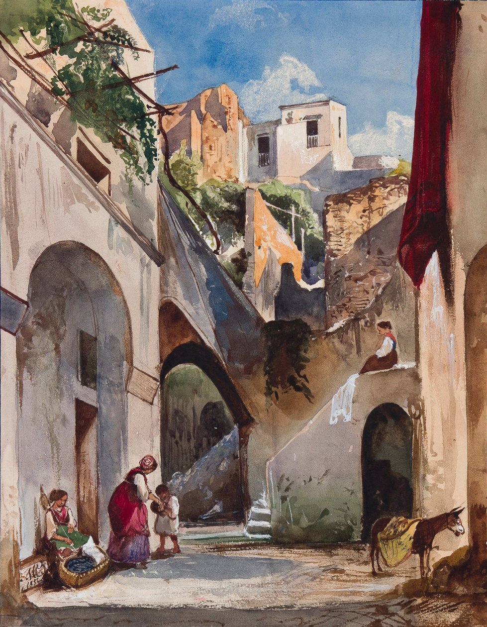 Casas na Costiera da Península Sorrentina, com acréscimos da Princesa Maria Annunziata di Borbone (1843-1871), 1853 (lápis, wc e guache sobre papel) de Giacinto Gigante