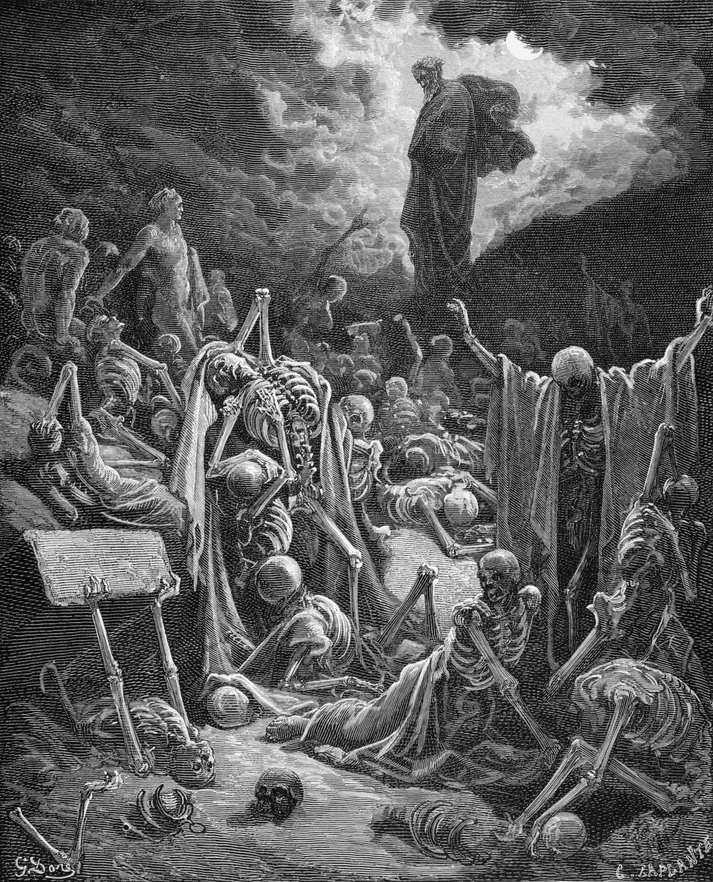 A Visão do Vale dos Ossos Secos, Ezequiel 37: 1-2, ilustração da "Bíblia Sagrada" de Dore, gravada por C. Laplante (d.1903) 1866 de Gustave Dore