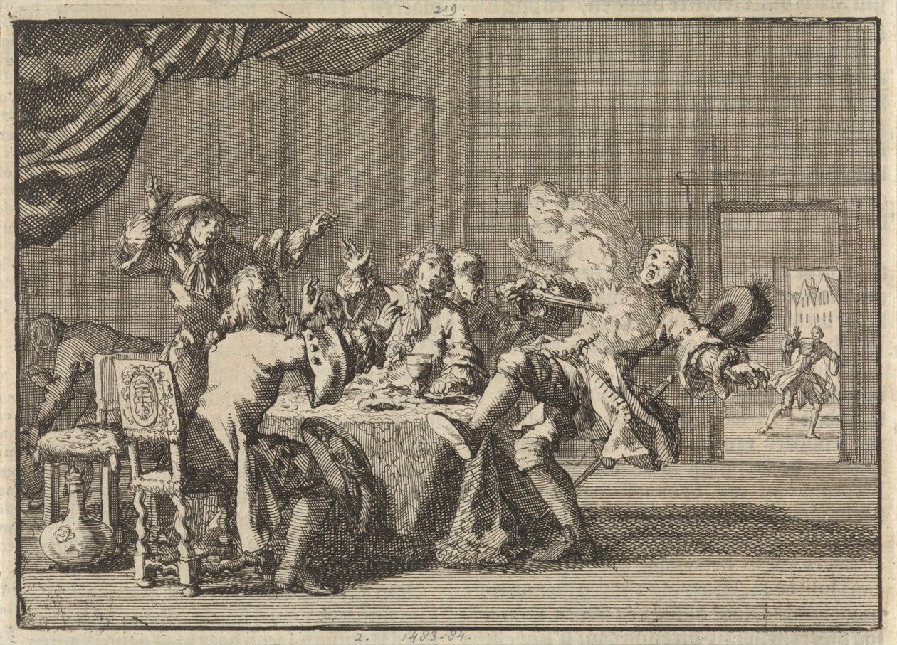 Thomas Tullock, apoiante do Rei James II na Escócia, é morto pelo inesperado disparo da sua pistola, 1690 de Jan Luyken