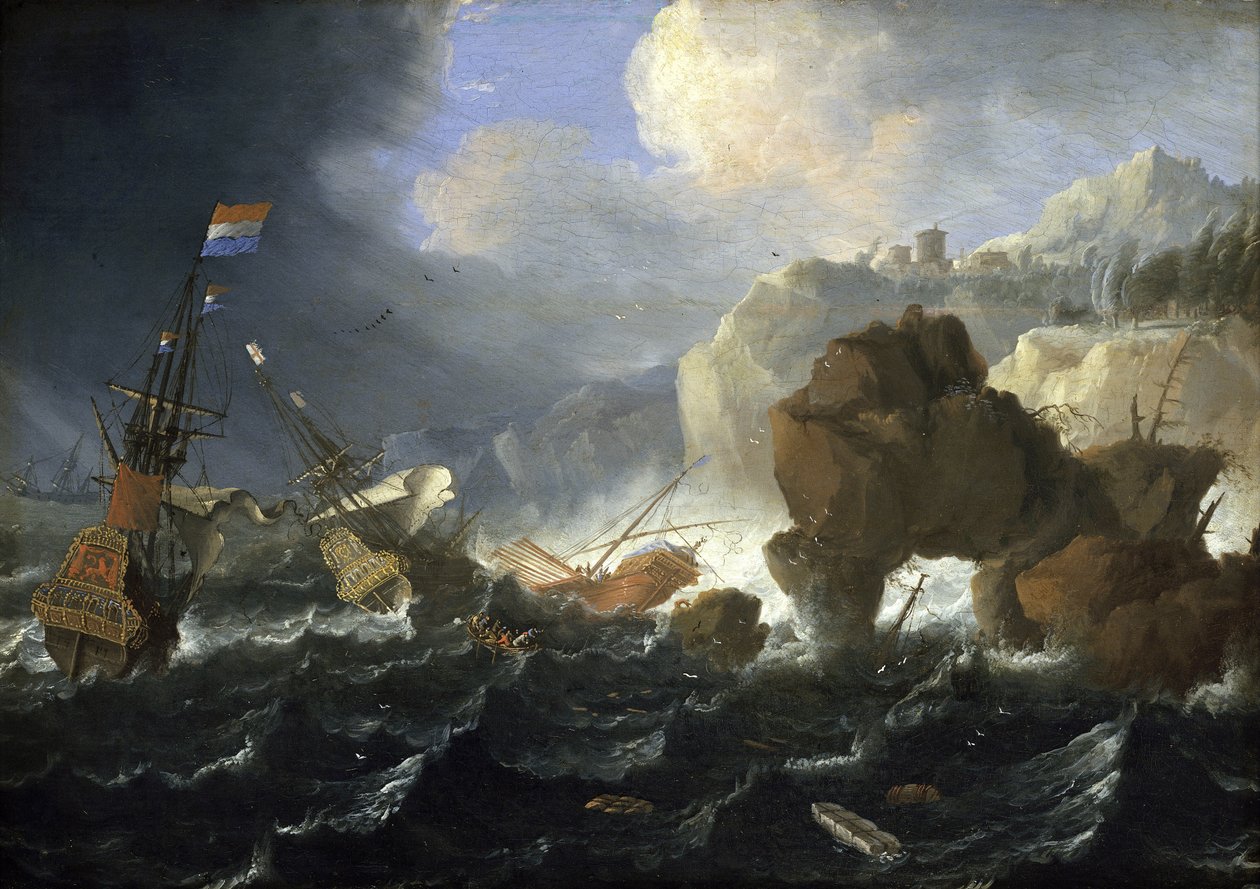 Um navio holandês e um galeão encalham numa costa rochosa durante uma tempestade. Óleo sobre madeira, de Jan Peeters (1624-1677). de Jan Peeters