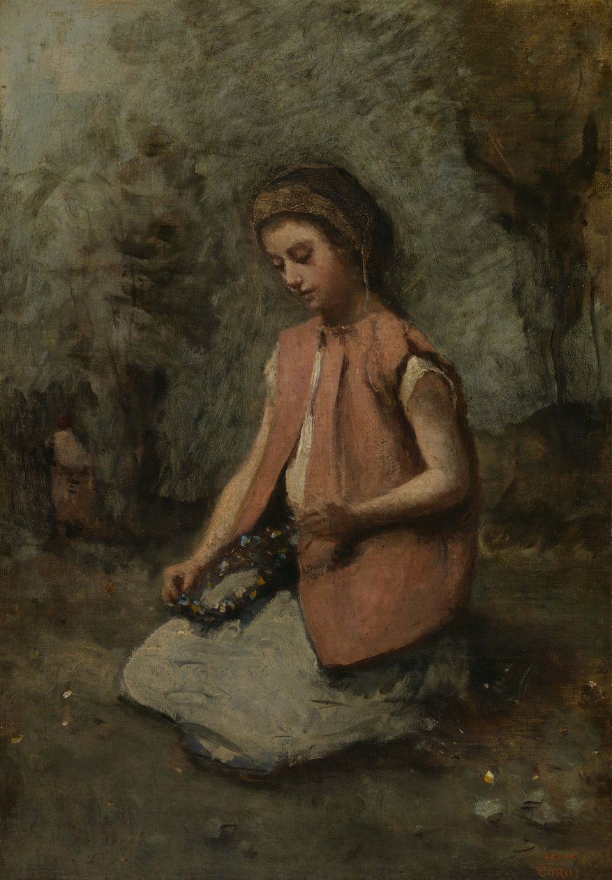 Menina tecendo uma guirlanda, 1860-65. de Jean Baptiste Camille Corot