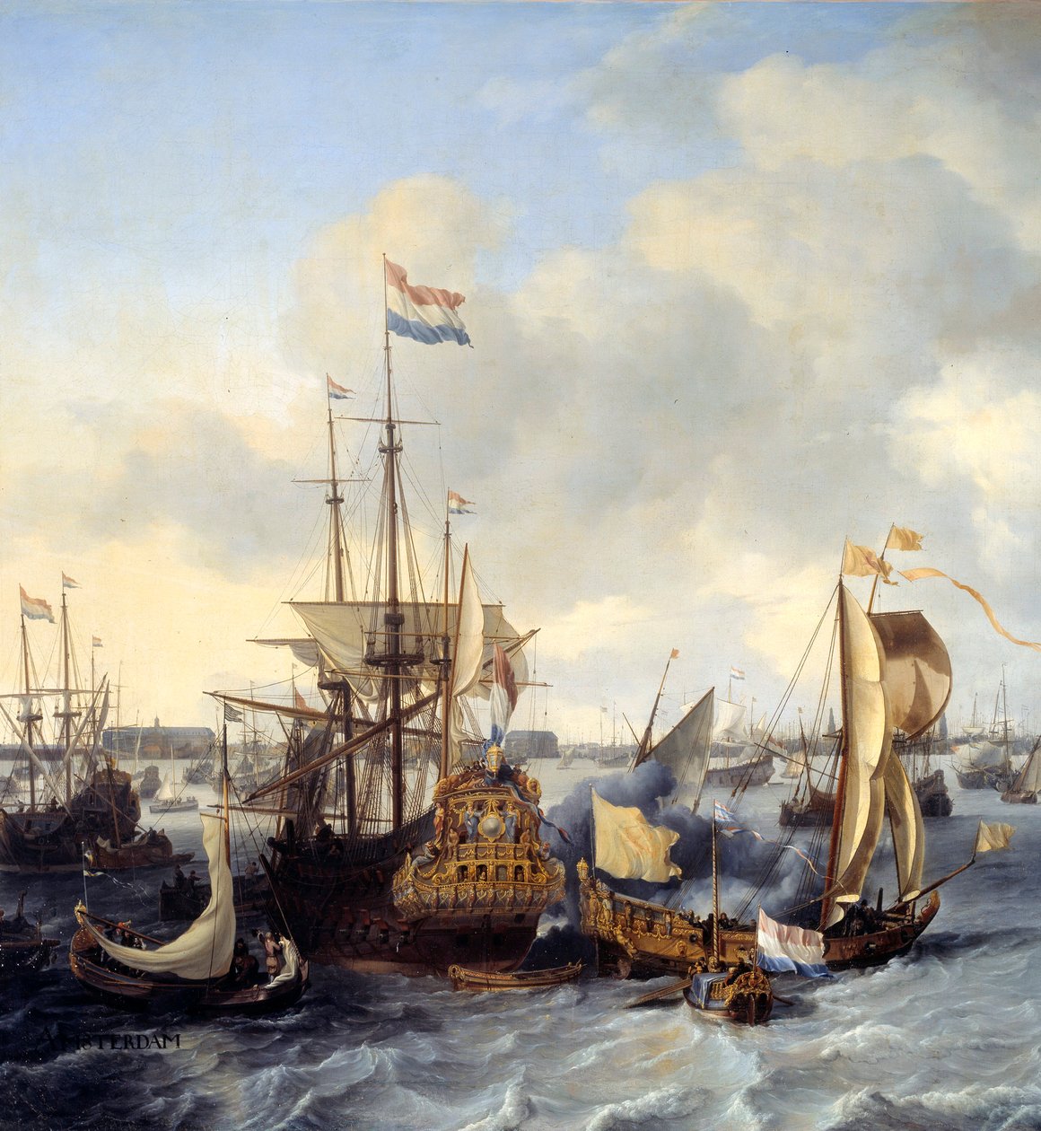 Vista do porto de Amesterdão a partir de Ij Detail. Pintura de Ludolf Backhuyzen (1631-1708) 1666 Sol. 1,28x2,21 m de Ludolf I Backhuysen