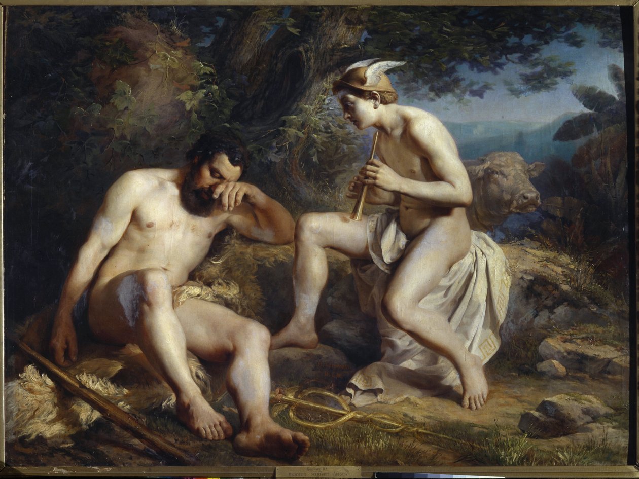 Mercúrio e Argus - Mercúrio embalando Argus para dormir - Koshelev, Nikolai Andreyevich (1840-1918) - 1864 - Óleo sobre tela - 138x179 - Museu da Academia de Belas Artes, São Petersburgo. São Petersburgo de Nikolay Andreyevich Koshelev