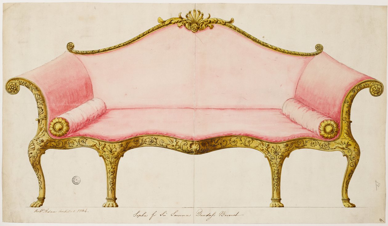 Acabou de desenho para um sofá para o salão, como executado, 1764 (caneta e tinta com a lavagem no papel) de Robert Adam