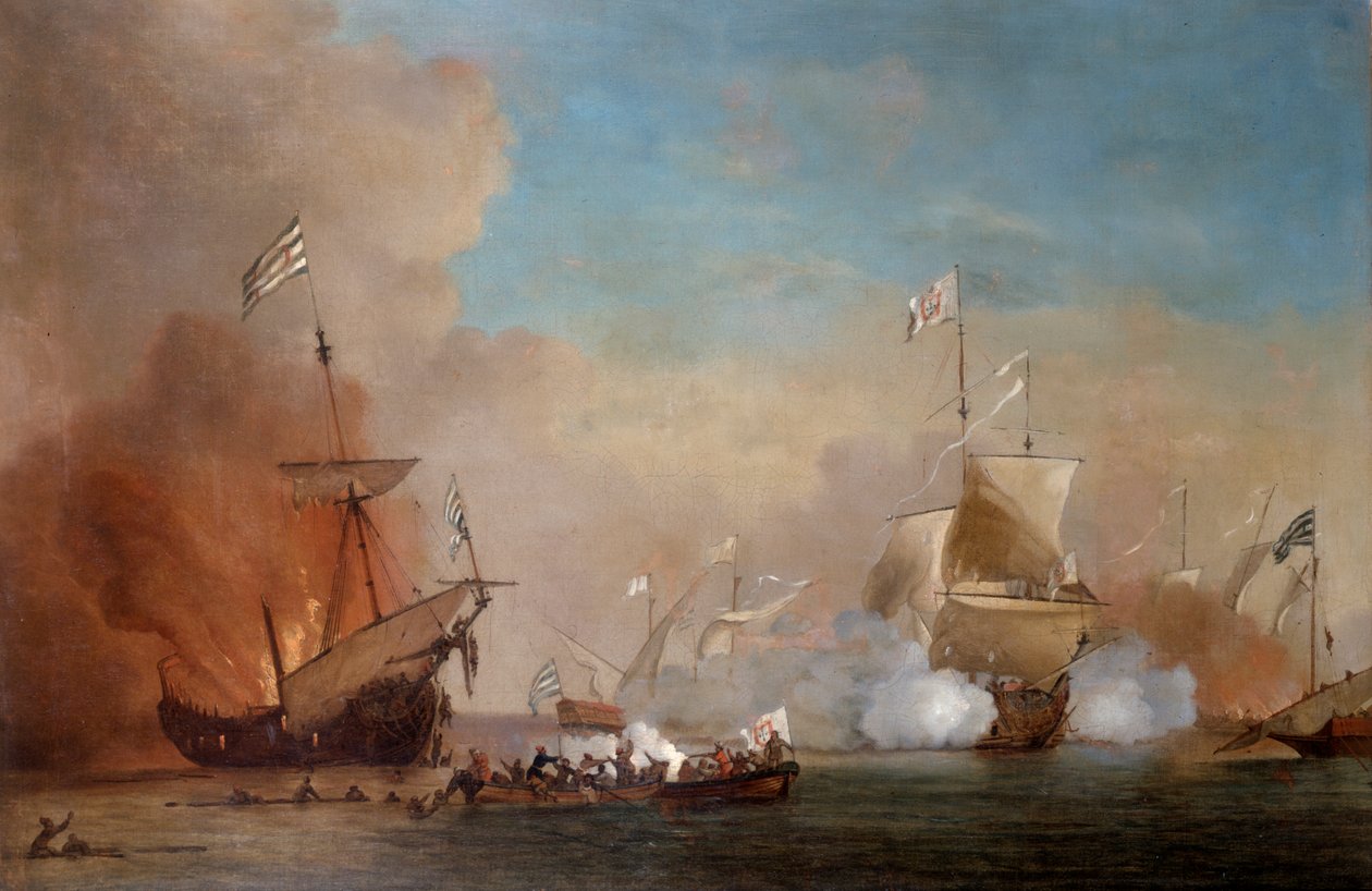 Piratas atacando um navio da Marinha Britânica, século XVII. de Willem van de Velde the Younger