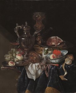 Jarro de vinho de prata, presunto e frutas, c.1660-1666