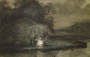 Paisagem noturna com um rio e pastores (caneta e tinta seque com bodycolour no papel)