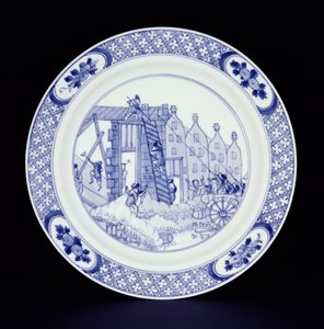 Placa azul e branca, representando os motins de Roterdão (porcelana)