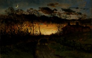 Pôr do sol sem título com quarto de lua e casa de fazenda, 1883.