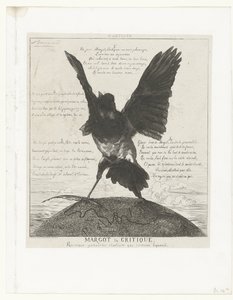 Magpie fica com asas estendidas e pena na pata em um globo com um mapa de Paris Margot la Critique (título no objeto) La Pie de Felix Bracquemond