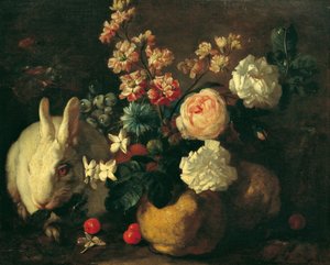 Natureza morta com coelhos, flores e frutas