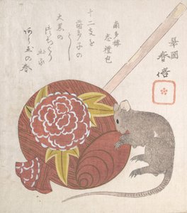 Malho de Daikoku, Um dos Deuses da Boa Fortuna, e um Rato, provavelmente 1828. de Gakutei