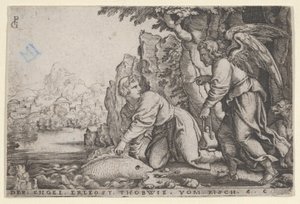 Tobiolus pega o peixe, de A história de Tobias, 1543. de Georg Pencz