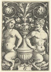 Sátira fêmea e macho
Decorações planas com grotescos e pergaminhos foliares (título da série) de Georg Pencz