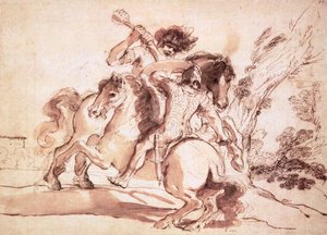Dois cavaleiros lutando (caneta e tinta no papel)