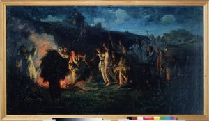 Rito do Arado. Cena da vida camponesa, festa folclórica eslava, ao anoitecer, em torno de uma grande fogueira, camponeses equipados com suas ferramentas agrícolas e lanternas, em procissão, trazem uma jovem nua, na esperança
