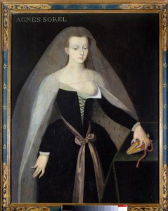Retrato de Agnes Sorel (1422-1450) (Lady of Beaute sur Marne) (Beaute-sur-Marne), favorita do rei Carlos VII (1422-1461) Seu peito é desnudado. Pintura depois de Jean Fouquet do século XVI, Chateau royal de Loches - Retrato de Agnes Sorel (1422-1450) (lady