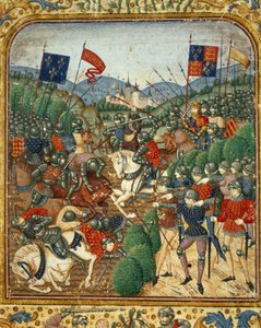 Batalha de Azincourt (1415). Durante a Guerra dos Cem Anos Henrique V da Inglaterra derrotou o partido francês Armagnacs - em "Grandes Crônicas da França" de Jean Fouquet, por volta de 1467 - 1476). Biblioteca Victoria & Albert de Jean Fouquet