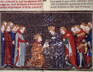 A homenagem do Rei Eduardo III de Inglaterra (1312-1377) a Filipe VI de Valois (1294-1350), Rei de França, em 1330. Miniatura de "Les grandes chronicles de france" de Jean Fouquet (1420-1481) de Jean Fouquet