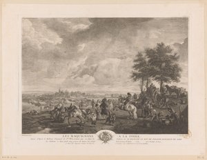 Paisagem com comerciantes de cavalos em um mercado Les Maquignons à la Foire (título no objeto) Impressões após pinturas de Philips Wouwerman (título da série) Oeuvres de Ph.pe Wouwermans Hollandois (título da série) de Jean Moyreau