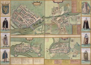 Mapas de Galway, Dublin, Limerick e Cork, de "Civitates Orbis Terrarum" por Georg Braun (1541-1622) e Frans Hogenberg (1535-90), c.1573 de Joris Hoefnagel