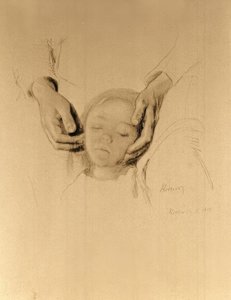 K.Kollwitz, cabeça de uma criança nas mãos.