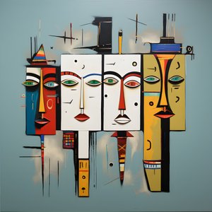 uma pintura mostra um grupo de quatro cabeças numa parede 2