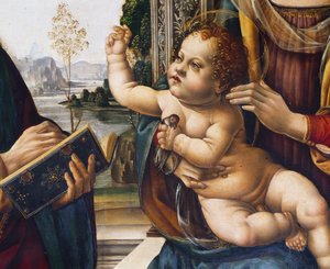 Menino Jesus, detalhe de Madonna e Criança com Santos de Lorenzo di Credi