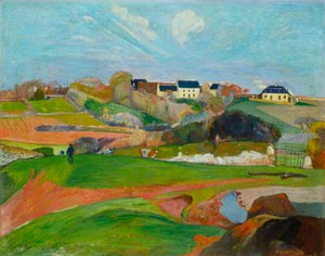 Francês: Champs au Pouldu, ou Paysage au Pouldu Paisagem em Le Pouldu de Paul Gauguin