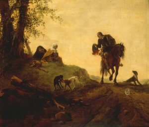 Paisagem com um piloto, os dois sentados na beira da estrada F de Philips Wouwerman