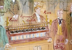 La Fee Electricite, pormenor: Retratos de Anthony Carlisle, cirurgião inglês e Humphry Davy, químico inglês. 1937 (pintura) de Raoul Dufy