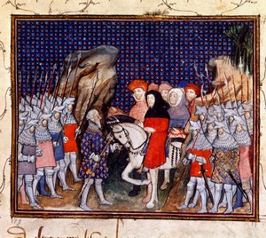 Harley 1319, fol.44, Rei Ricardo II encontra o Conde de Northumberland em Conway e oferece renunciar à coroa