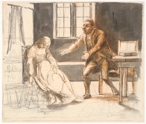 Um homem estica os braços para uma mulher que está sentada desmaiada em uma cadeira de Wilhelm Marstrand