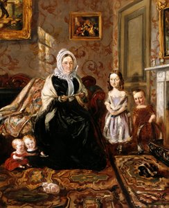 Retrato de grupo da sogra de Henry Clark, a sra. Davies, e quatro de seus filhos na sala de estar de sua casa, 186 High Street, Homerton, c.