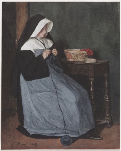 Uma freira sentada em uma mesa de tricô, 1862. de François Bonvin