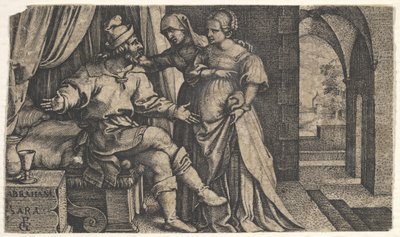 Sarah apresentando Hagar a Abraão, que se senta ao pé de uma cama, da série The ..., ca. 1543 de Georg Pencz