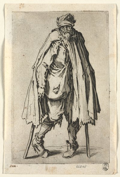 Os mendigos: mendigo de muletas com um saco de Jacques Callot