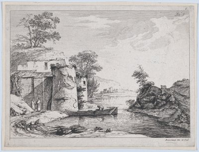 Antigas torres na margem do rio, 1763. de Jean Jacques de Boissieu