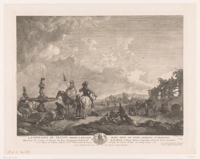 Paisagem com figuras por uma fonte La Fontaine du Triton (título no objeto) Impressões após pinturas de Philips Wouwerman (título da série) Oeuvres de Ph.pe Wouwermans Hollandois (título da série) de Jean Moyreau