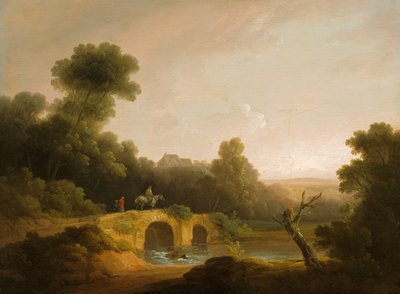 Paisagem com figuras atravessando uma ponte de John Rathbone