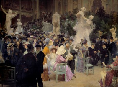 Belle epoque: "Uma sexta-feira no Salon des artistes français" Membros da burguesia parisiense se encontram por ocasião de eventos sociais. Detalhe. Pintura de Jules Alexandre Grun (1868-1934) 1911 Sol. 3,6x6,16 m Rouen, Musee des Beaux Arts de Jules Alexandre Gruen or Grun