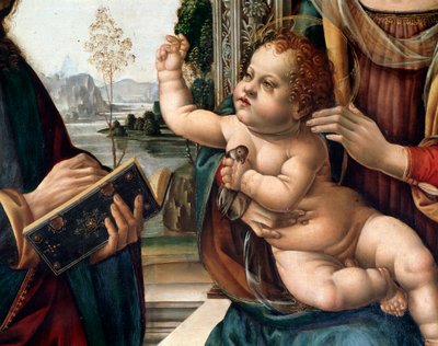 Virgem com criança e dois santos, São Mateus e São Jerônimo (Virgem com criança e dois santos, São Mateus e São Jerônimo) Pintura de Detalhe de Lorenzo di Credi (1459-1537) Florença, igreja Santo Spirito Itália de Lorenzo di Credi