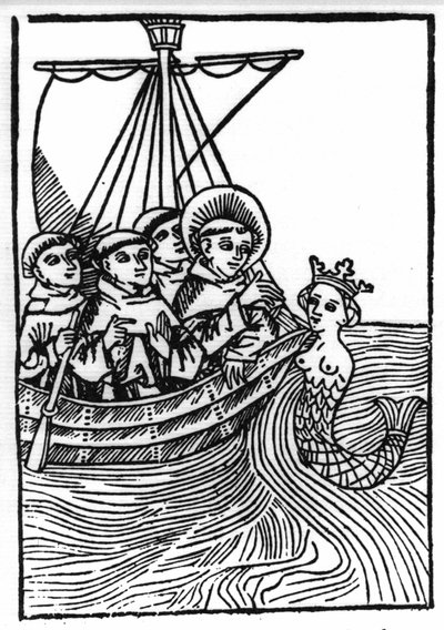 A lenda de Saint Brendan (Brandan), heróis e santo irlandês do século VI. O encontro de Saint Brendan com o Sirene. Gravação de "Die Wunderbare Meerfahrt des Hl. Brandan". Bale de Swiss School