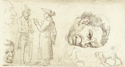 Segunda folha de amostra em estilografia com cabeça de monge, cavalos etc. de Wilhelm Marstrand