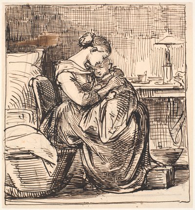 Mãe com filho dormindo no colo no quarto de Wilhelm Marstrand