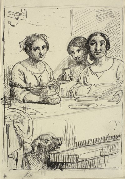 Três garotas em uma mesa, debaixo da mesa um cachorro de Wilhelm Marstrand
