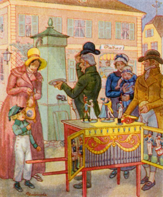 Leierkasten Mit Tanzpuppen / Órgão de barril com marionetas dançantes (litografia a cores) de Christophe (1856 1945)